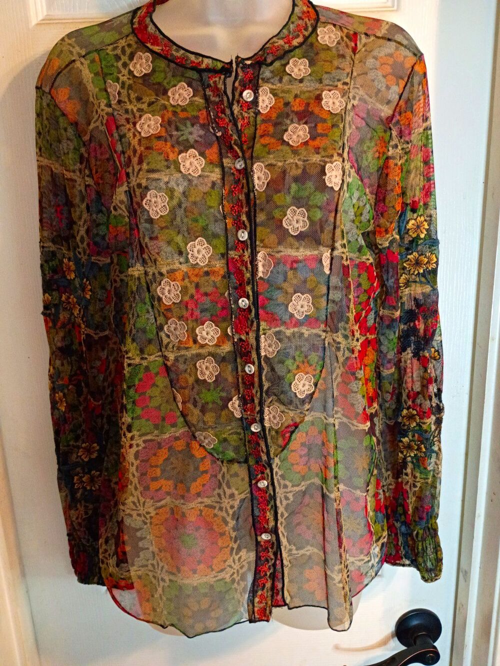 Johnny Was Biya Blouse Sheer Mesh Multicolor Floral Button Front Sz S Boho
